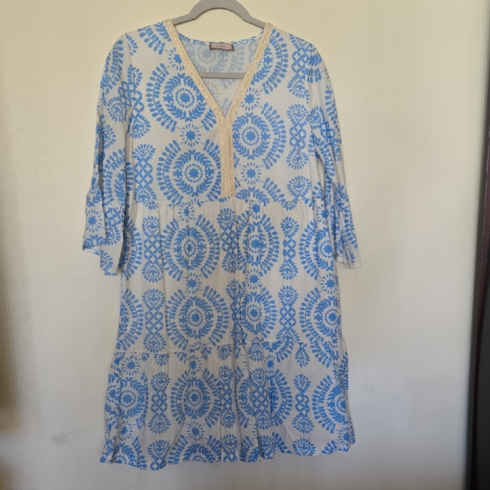 Saiph Made In Italy 100% Cotton Med Blue Floral Midi Dress 0281